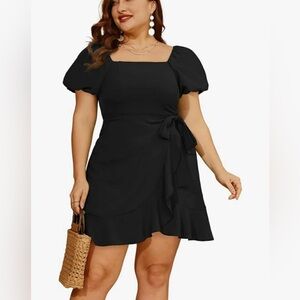 SAMPEEL Black Mini Dress Square Neck Puff Sleeve Tie Waist